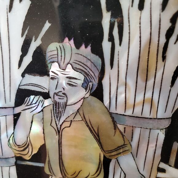 Inlaid Asian Artwork Shell On Black Lacquered Wood Vintage 12x16 Inches - Picture 10 of 15